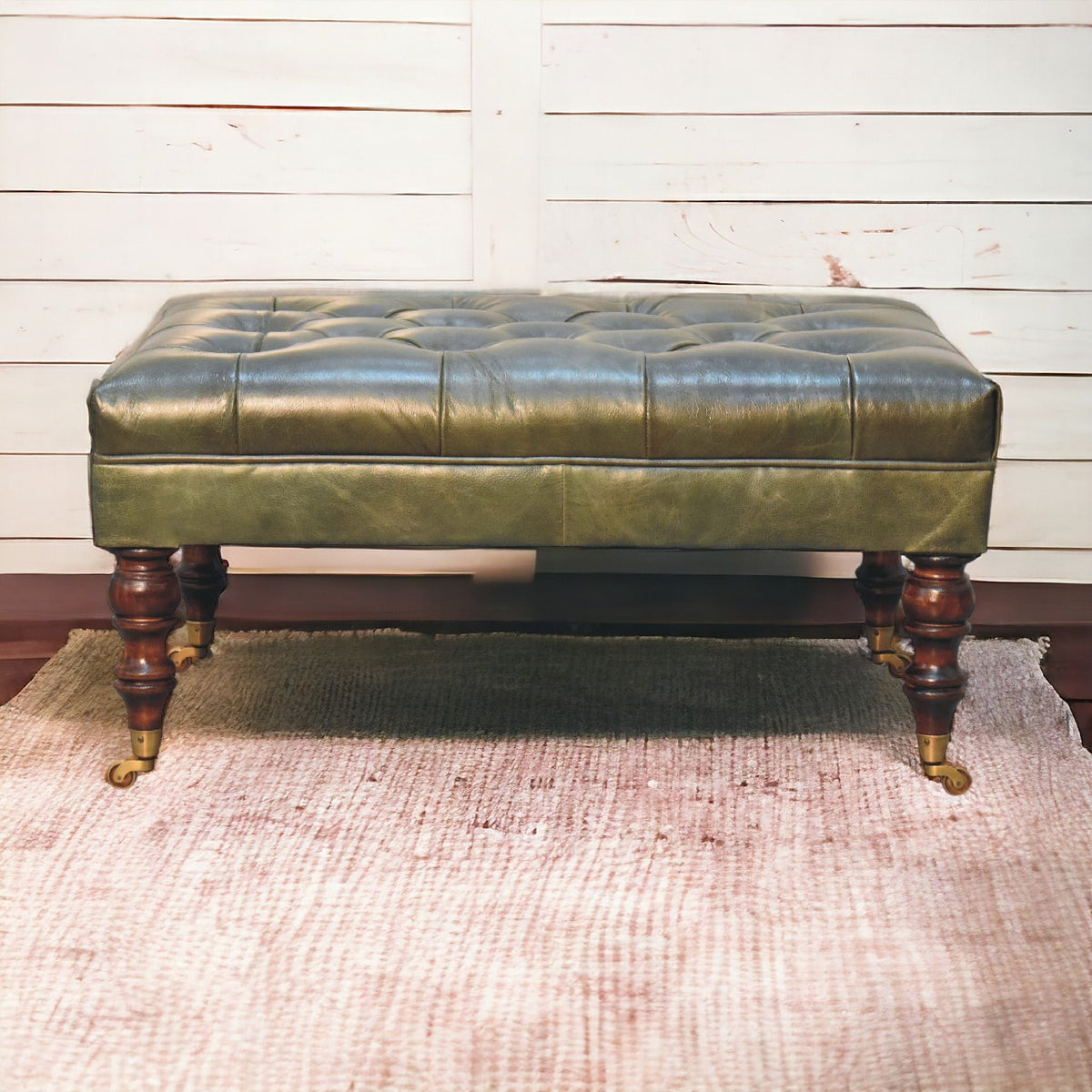 Buffalo Green Leather Ottoman with Castor Legs Storage Bench