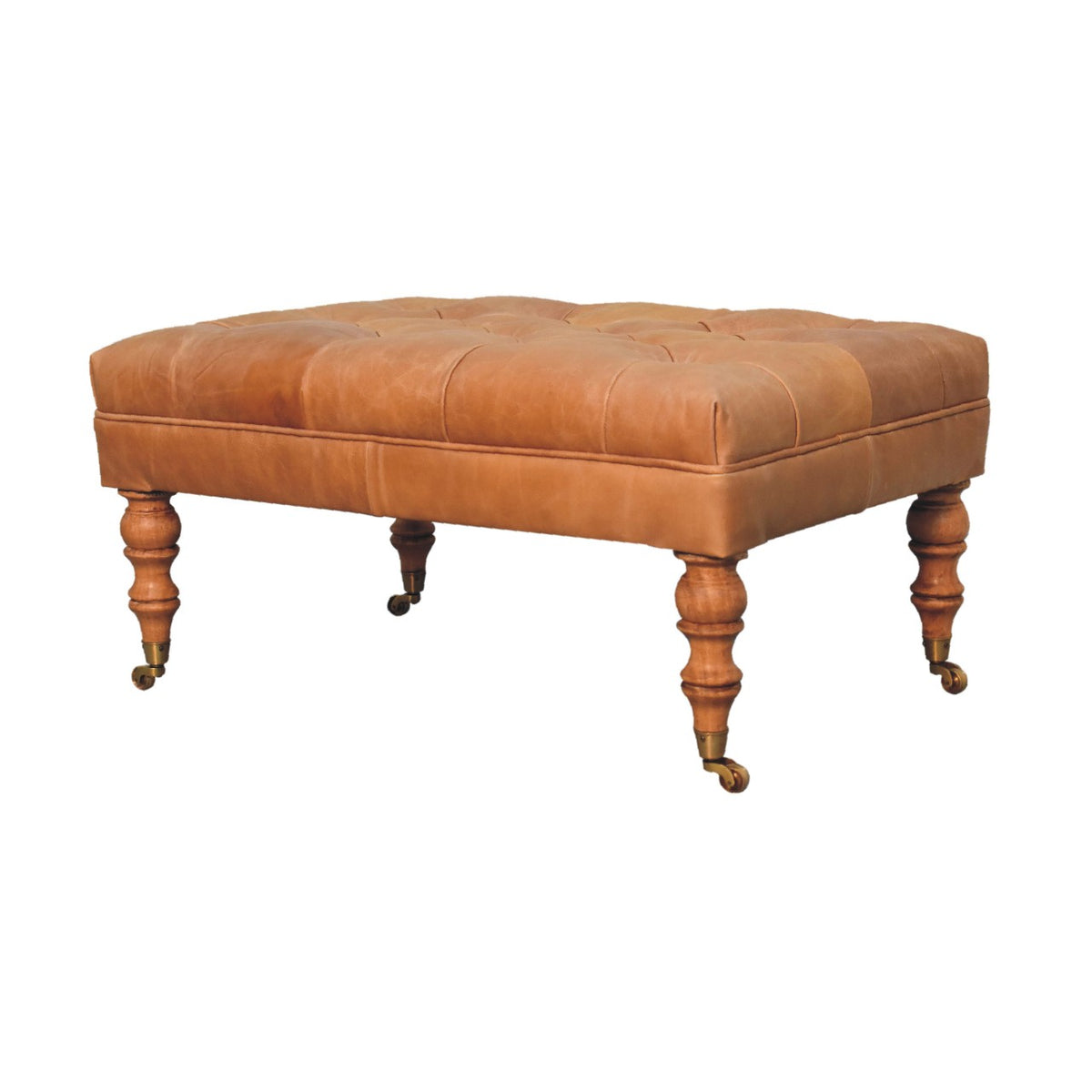 Buffalo Tan Leather Ottoman with Castor Legs Storage Bench
