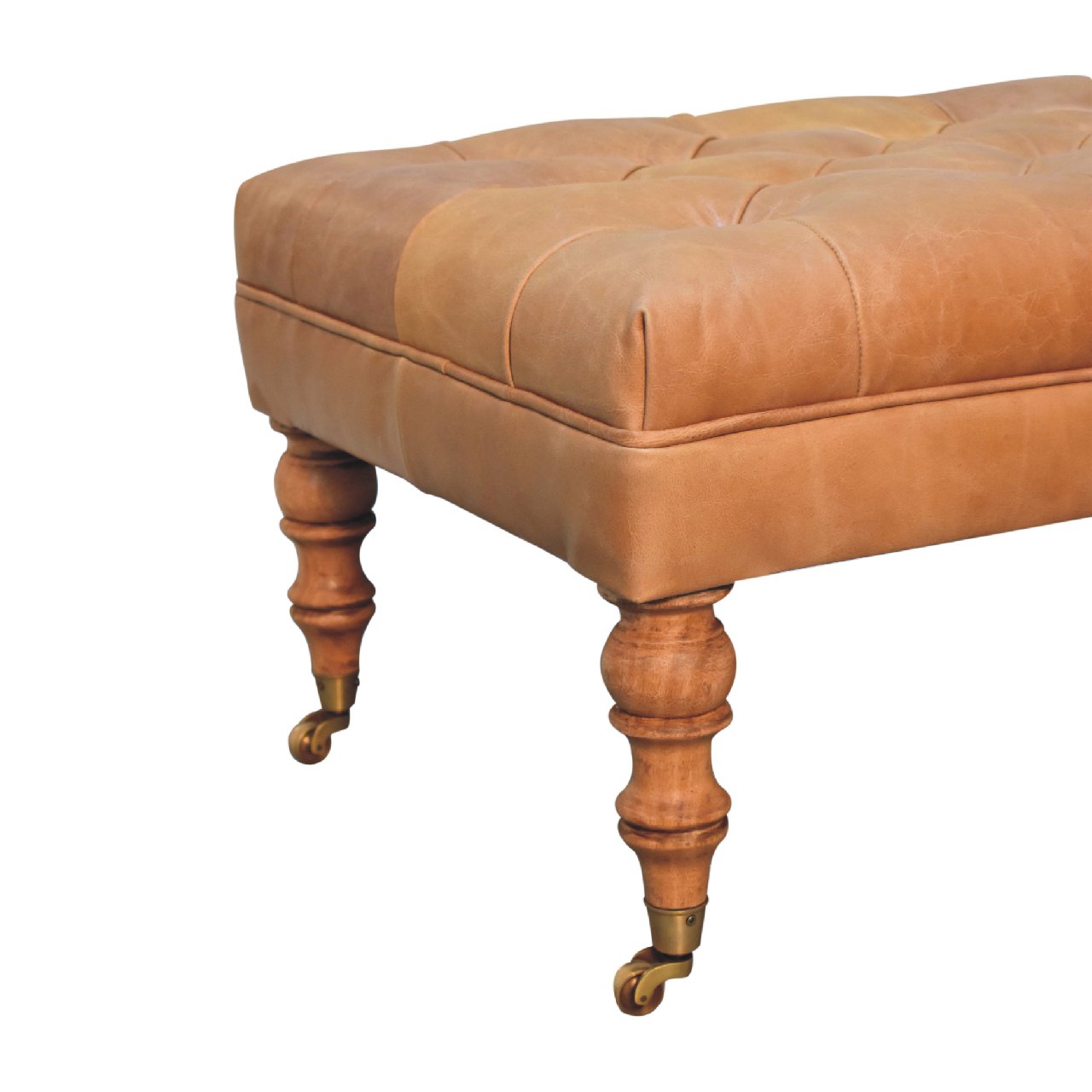 Buffalo Tan Leather Ottoman with Castor Legs Storage Bench