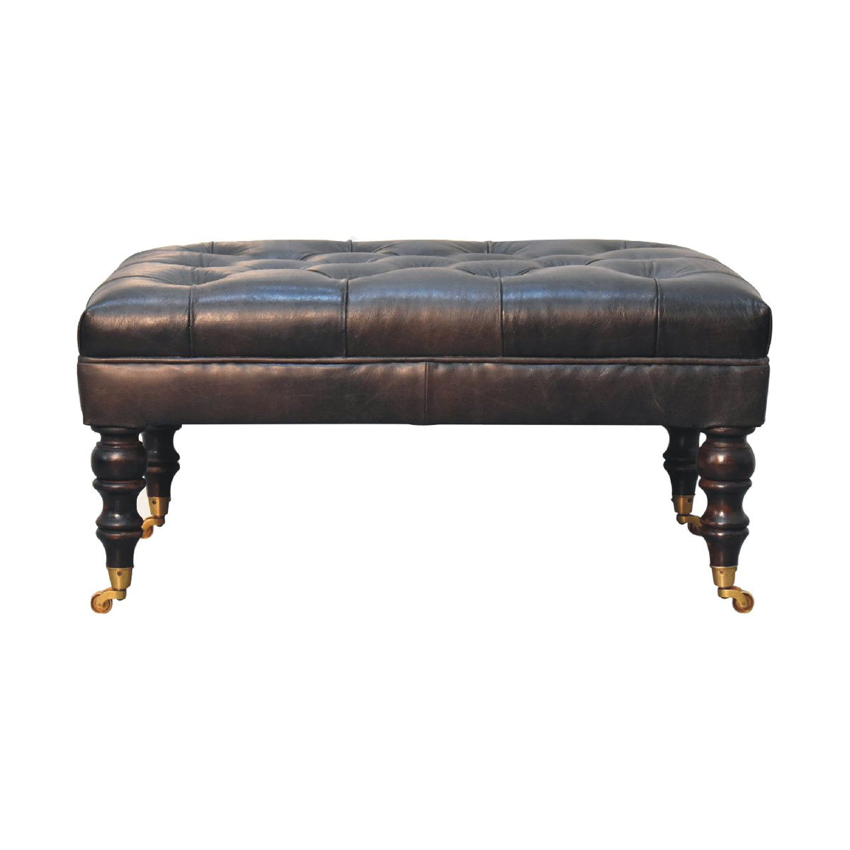 Buffalo Ash Black Leather Ottoman with Castor Legs Storage Bench