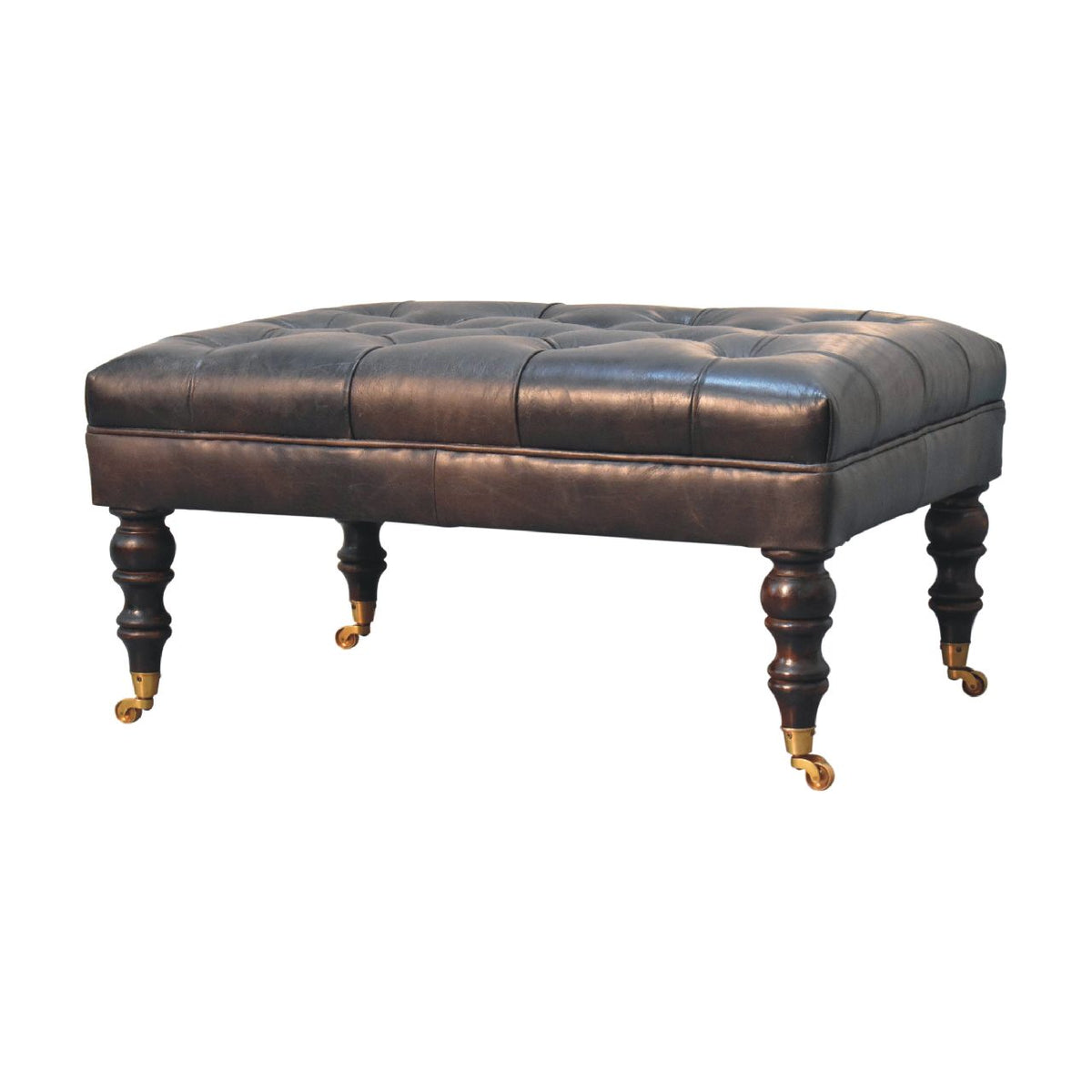 Buffalo Ash Black Leather Ottoman with Castor Legs Storage Bench