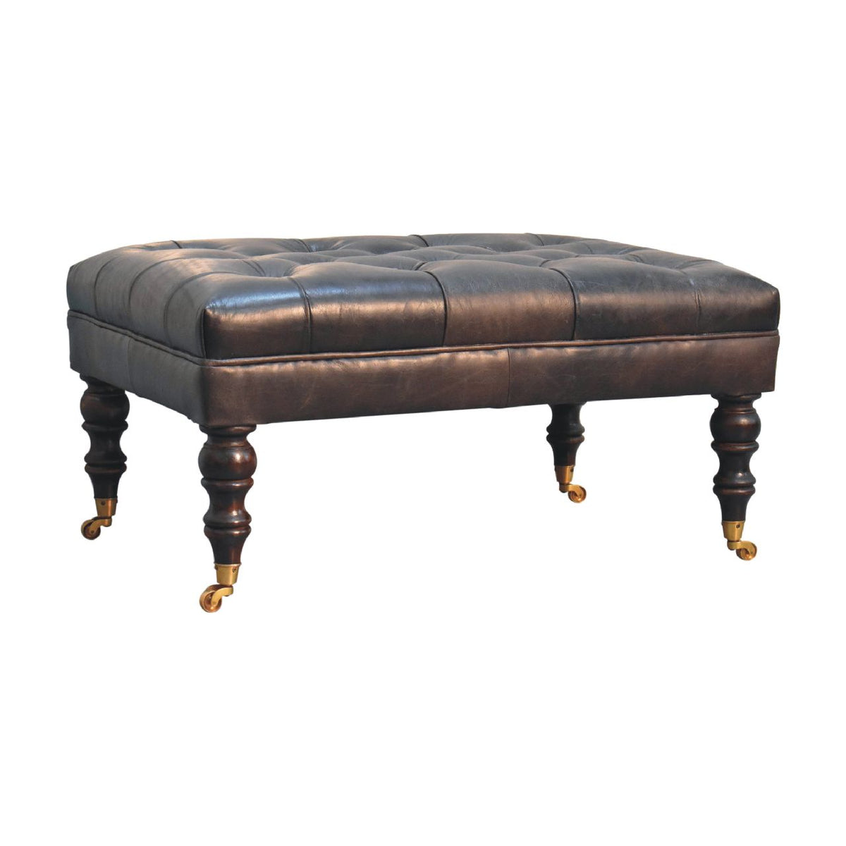 Buffalo Ash Black Leather Ottoman with Castor Legs Storage Bench