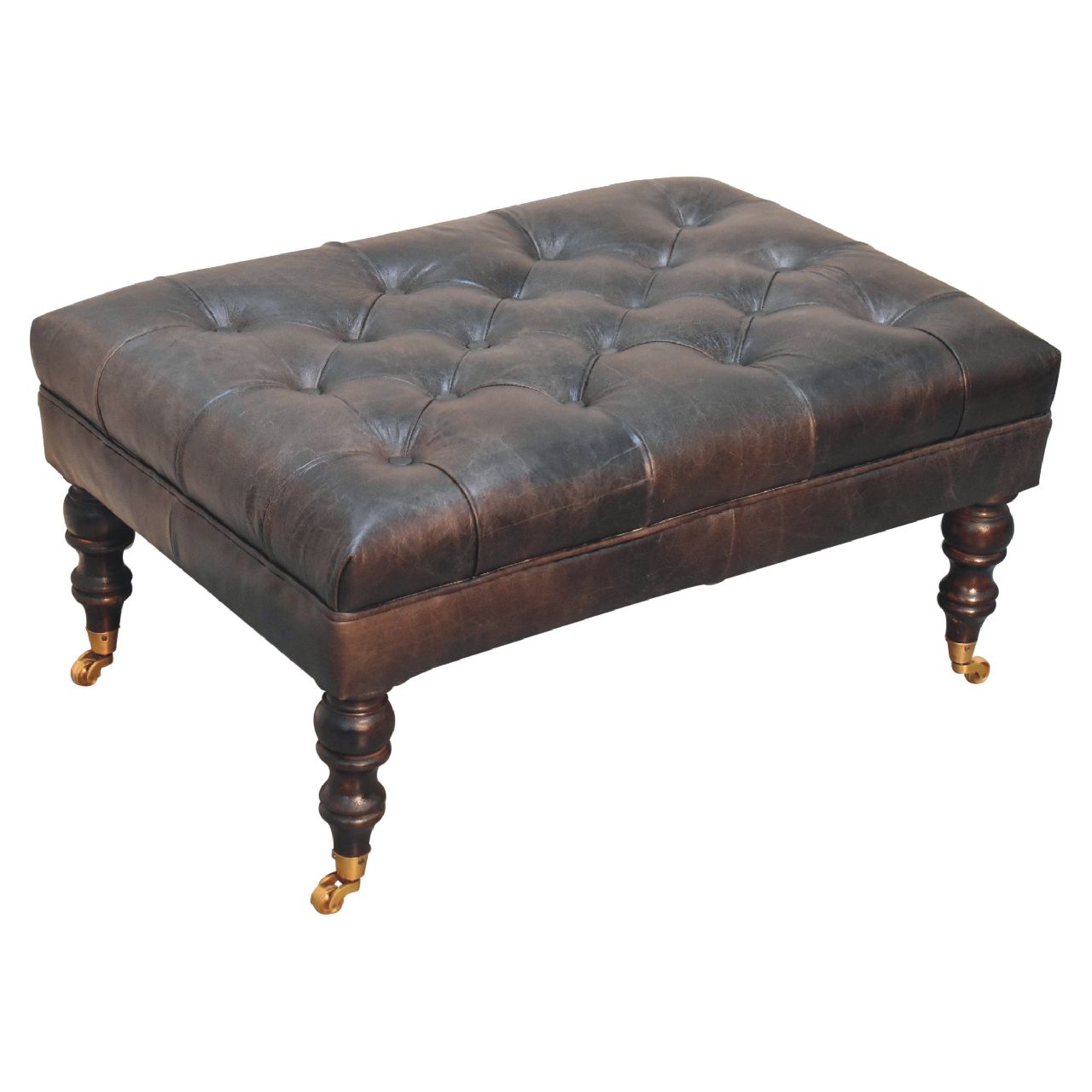 Buffalo Ash Black Leather Ottoman with Castor Legs Storage Bench