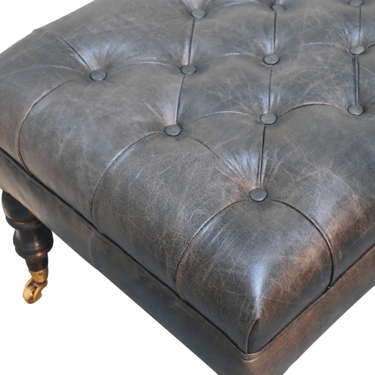 Buffalo Ash Black Leather Ottoman with Castor Legs Storage Bench