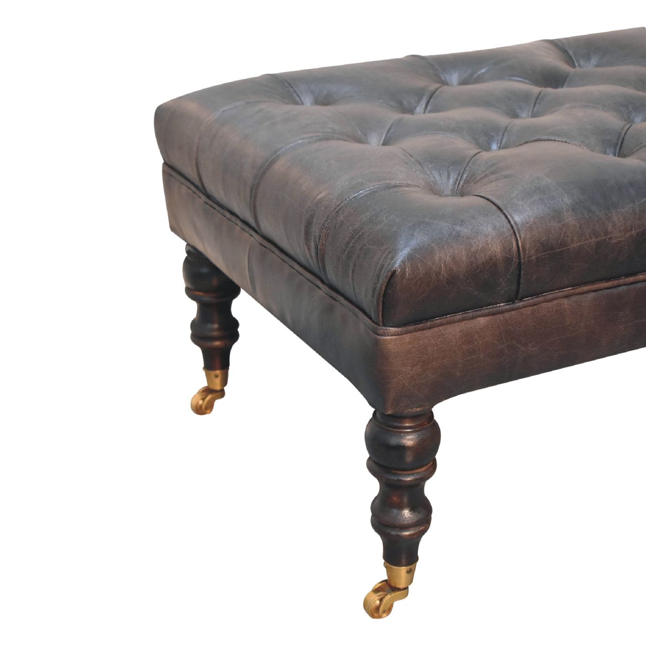 Buffalo Ash Black Leather Ottoman with Castor Legs Storage Bench