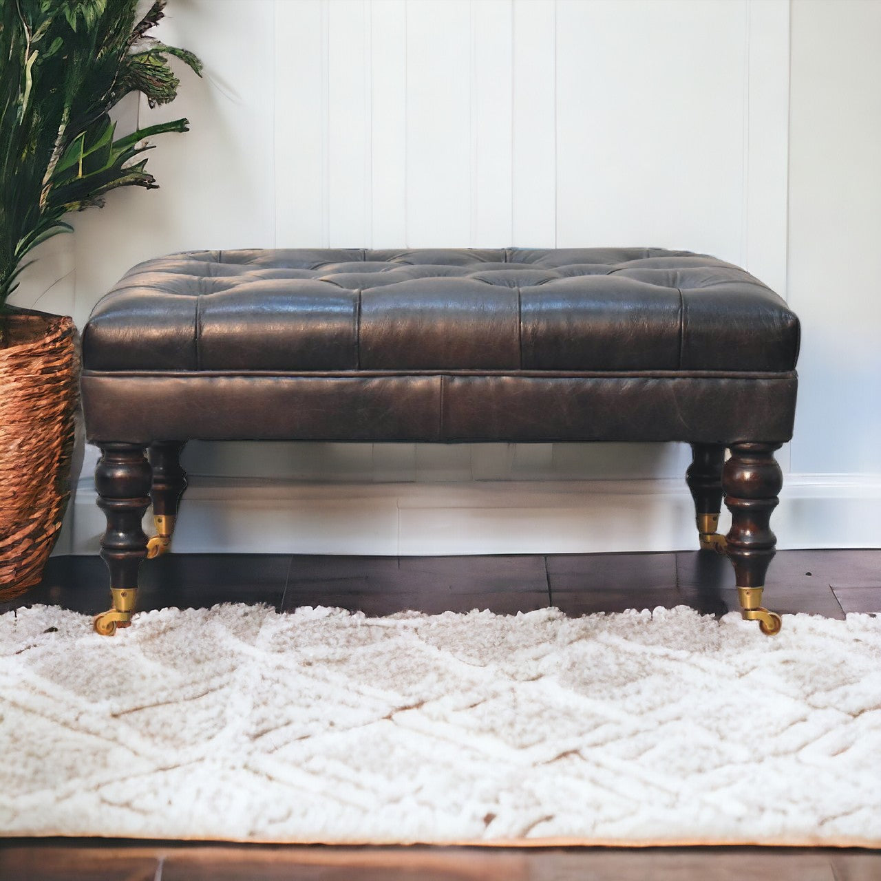 Buffalo Ash Black Leather Ottoman with Castor Legs Storage Bench
