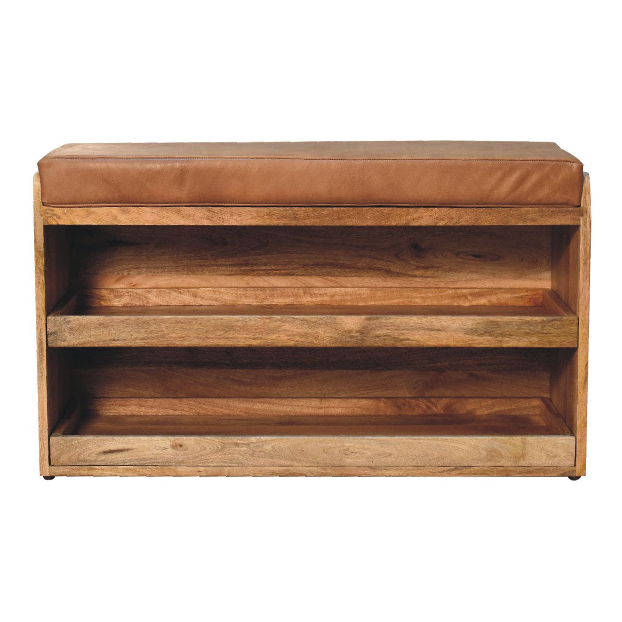 Buffalo Hide Pull out Oak-ish Shoe Storage Bench | Buffalo Leather
