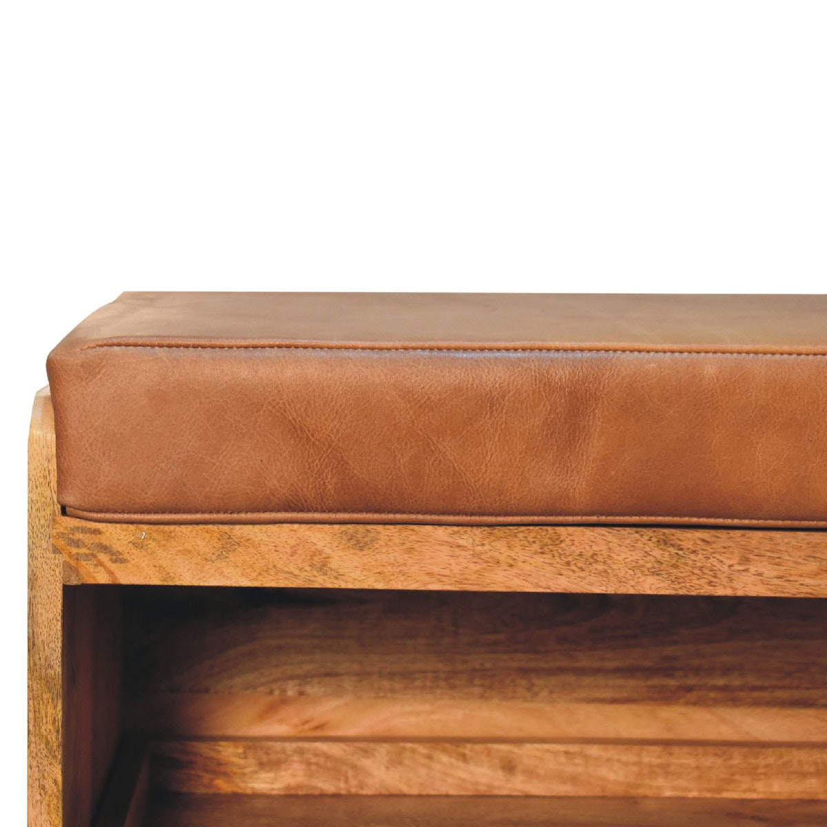 Buffalo Hide Pull out Oak-ish Shoe Storage Bench | Buffalo Leather