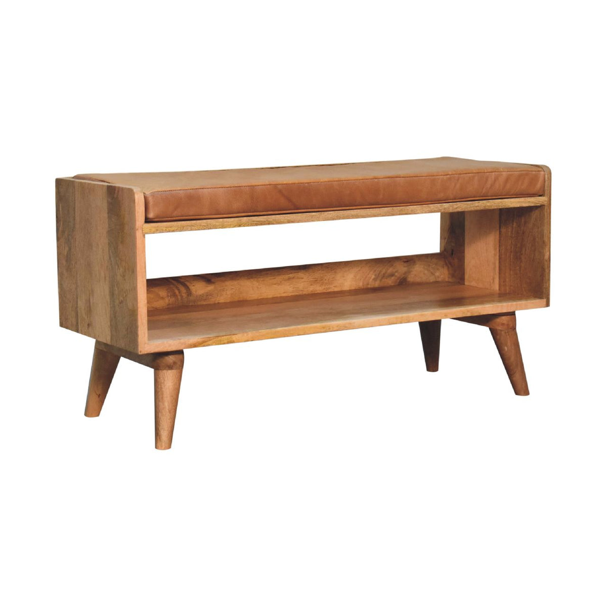 Oak-ish Bench with Tan Leather Seatpad | Chestnut