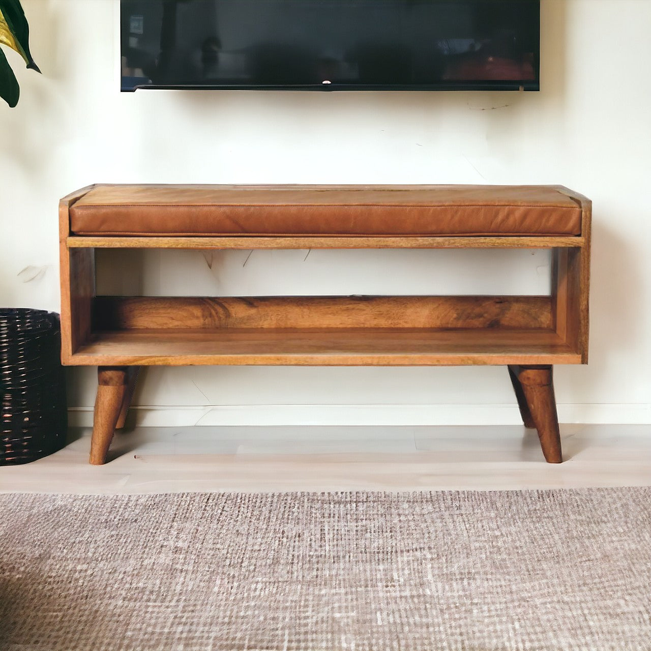 Oak-ish Bench with Tan Leather Seatpad | Chestnut