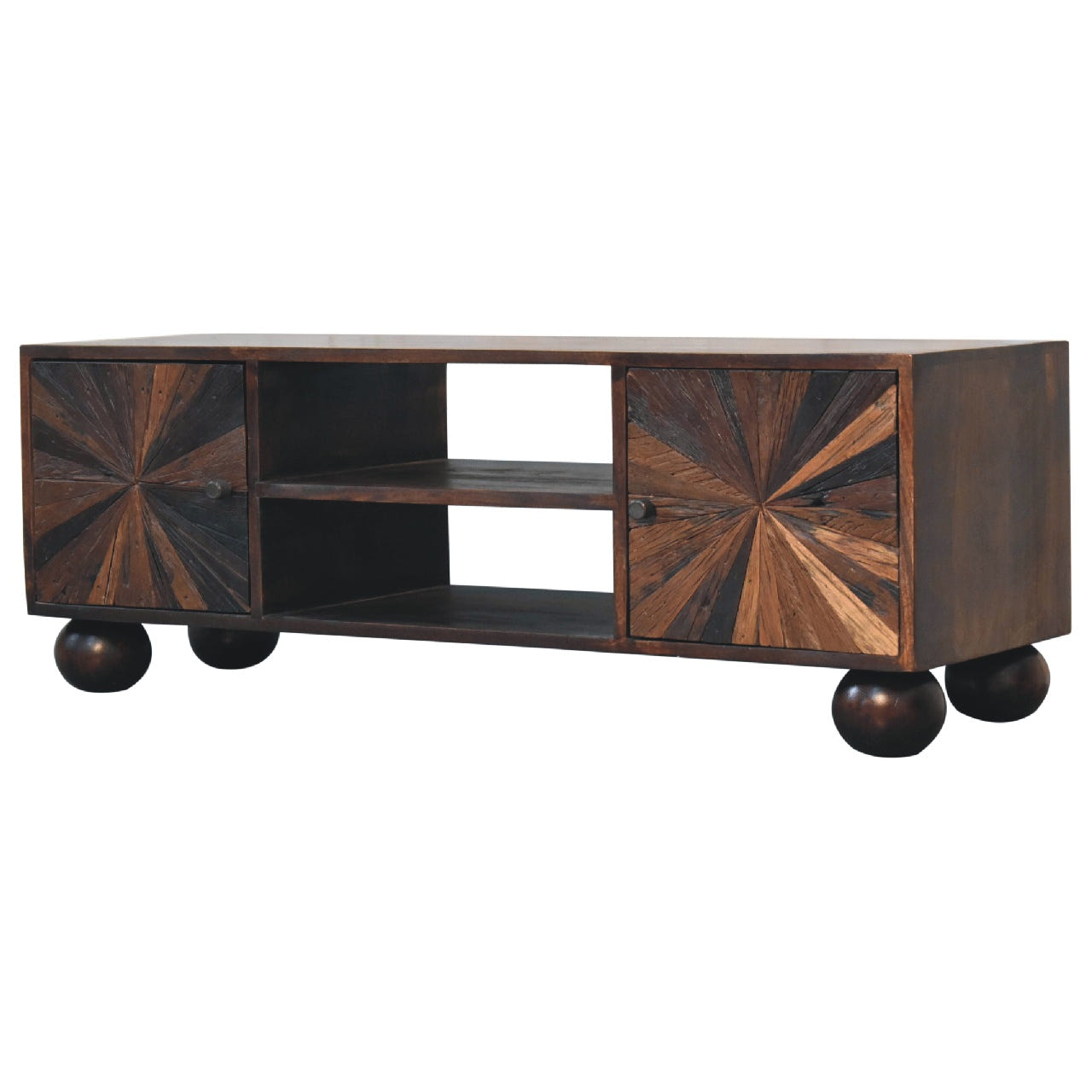 Sunrise Ball Walnut TV Media Unit | Brass Mango Wood