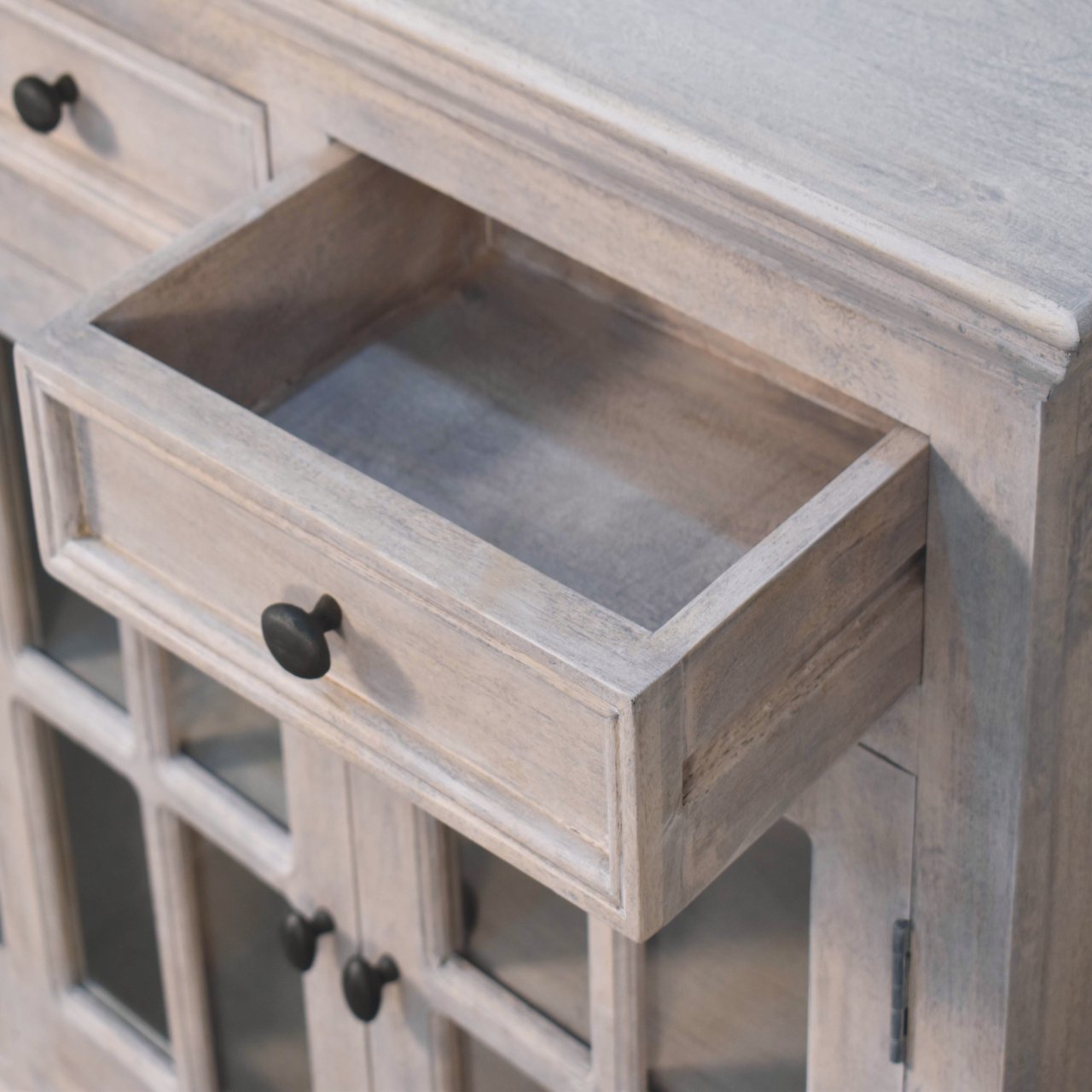 Stone Finish Cabinet with Glazed Doors Chest of Drawers