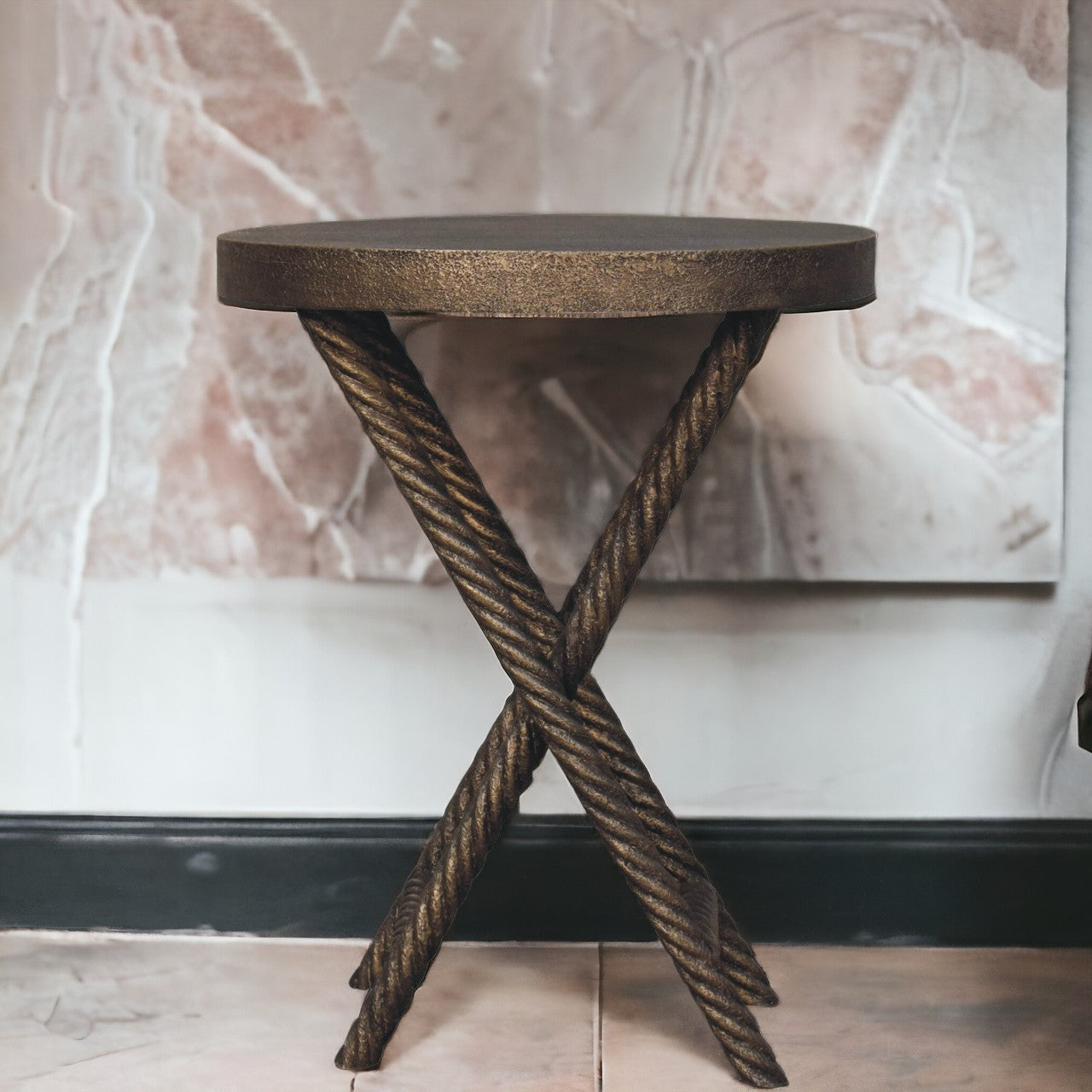 Metallic Rope Side Table Accent Piece | Iron & Mango Wood