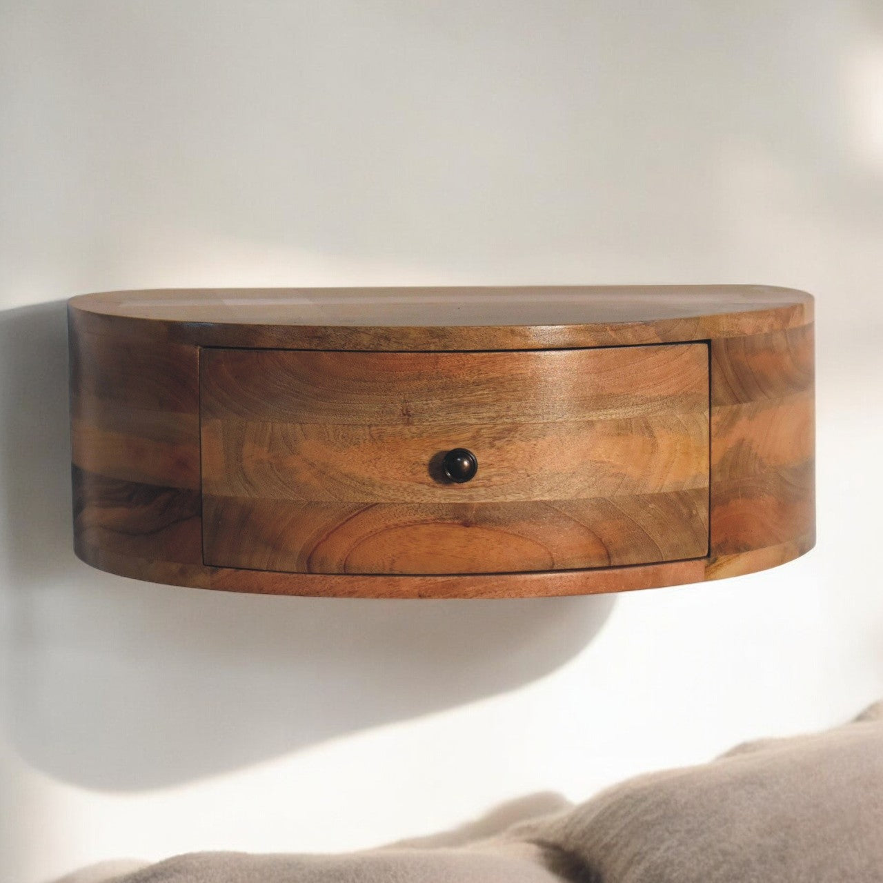Large Wall Mounted Rounded Bedside Table | Oak Mango Wood Wall-Mounted