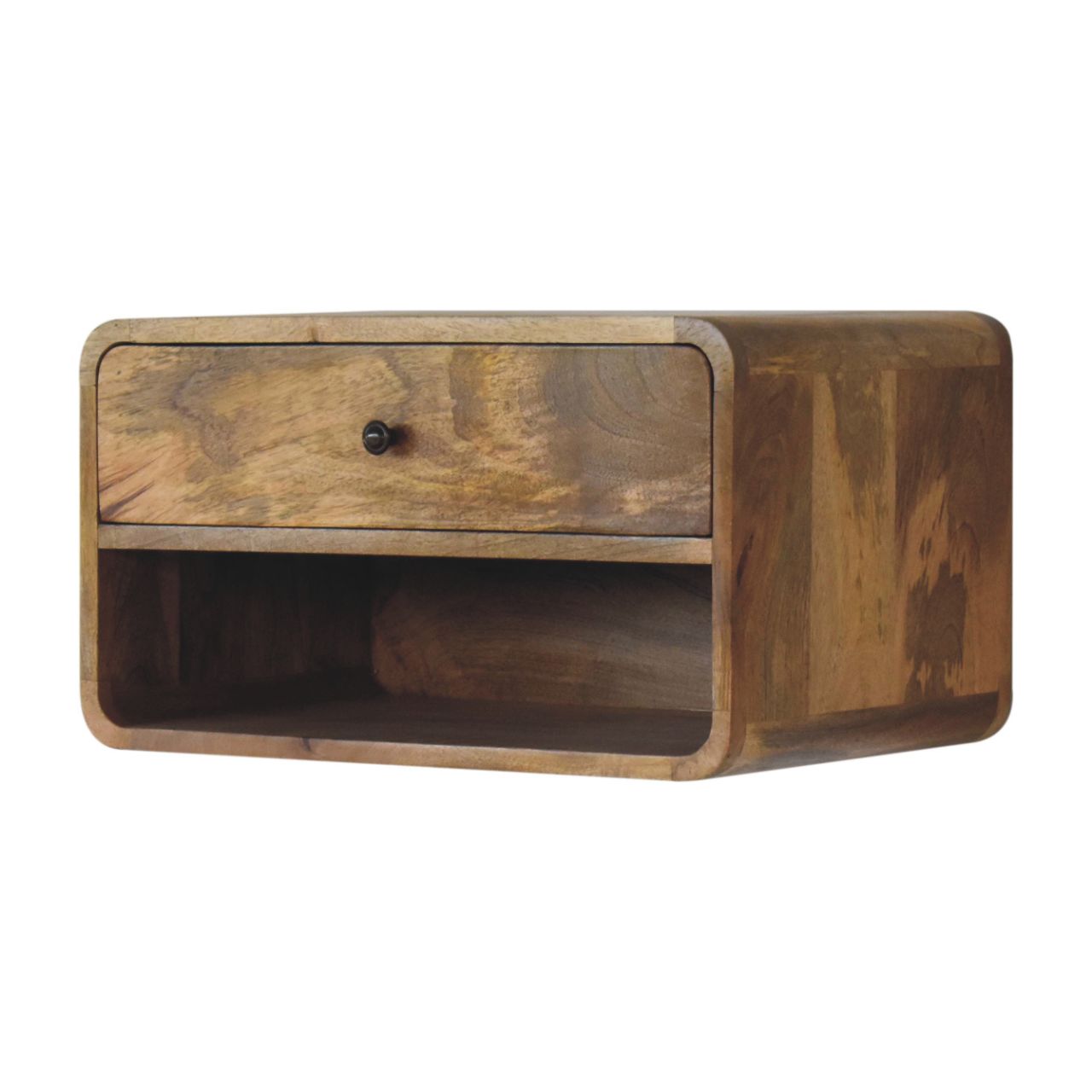 Large Floating Curve Open Slot Bedside Table | Oak Solid Mango Wood Wall-Mounted