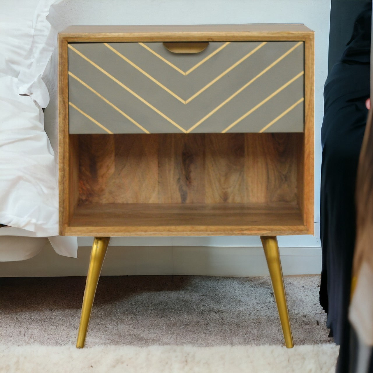 Cement Inlay Bedside with Open Slot Bedside Table | Oak-Ish Mango Wood