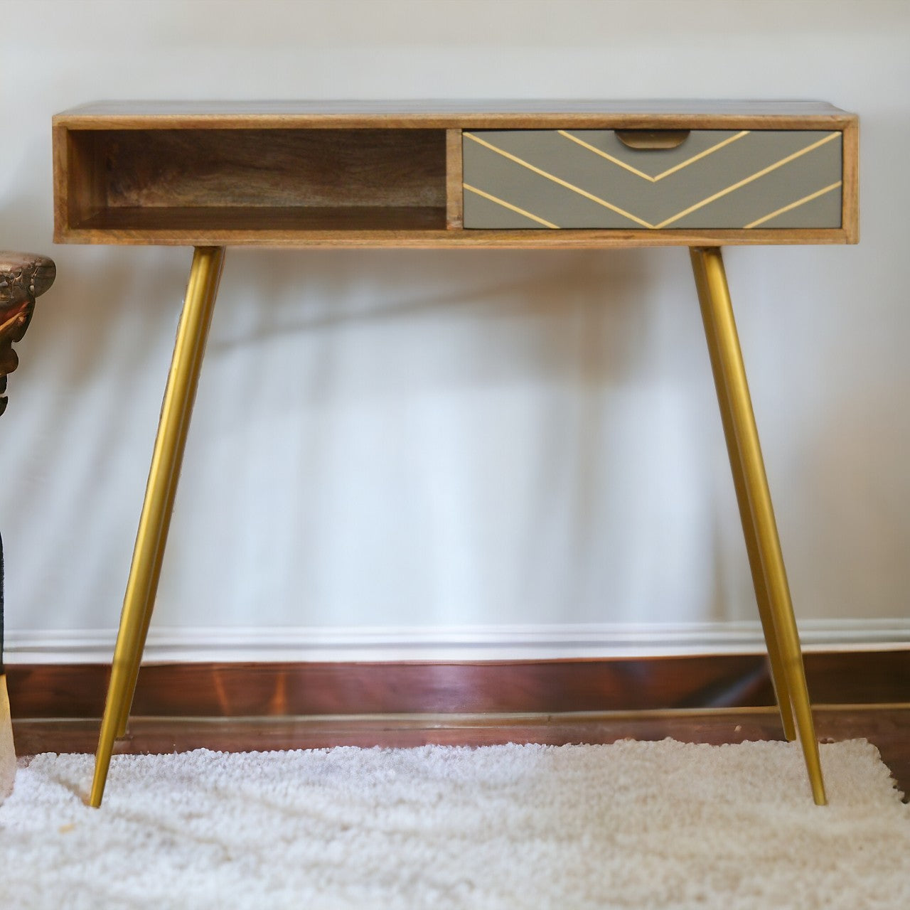 Cement Brass Writing Desk | Oak-Ish Solid Mango Wood