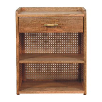 Larissa T-Bar Open Bedside Table | Oak Mango Wood Open Shelf