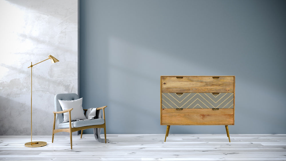 Sleek Cement Brass Inlay Chest of Drawers | Oak Mango Wood