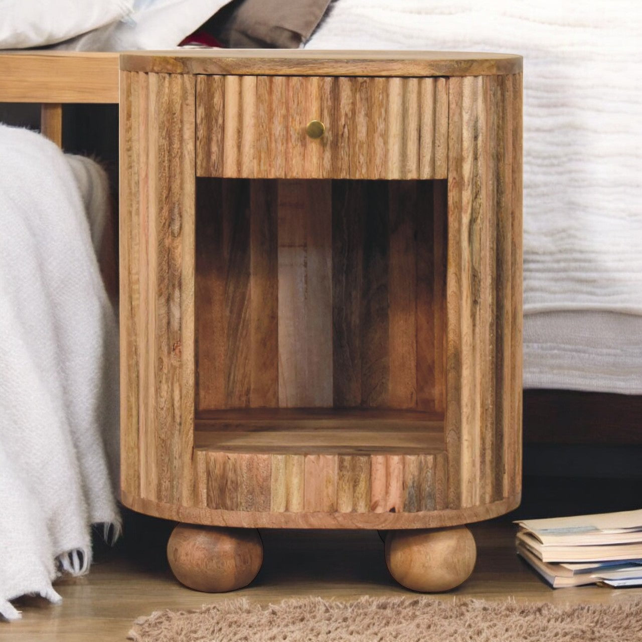 Soba Ball Open Slot Bedside Table | Oak Mango Wood