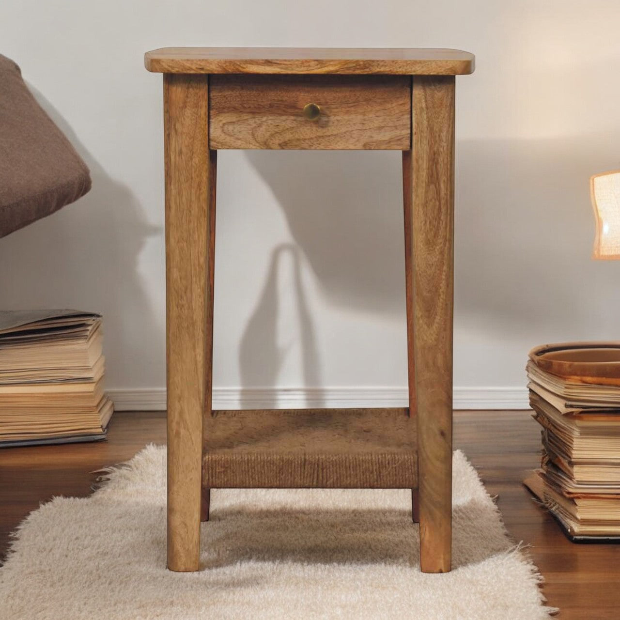 Rope End Table Accent Piece | Oak Solid Mango Wood