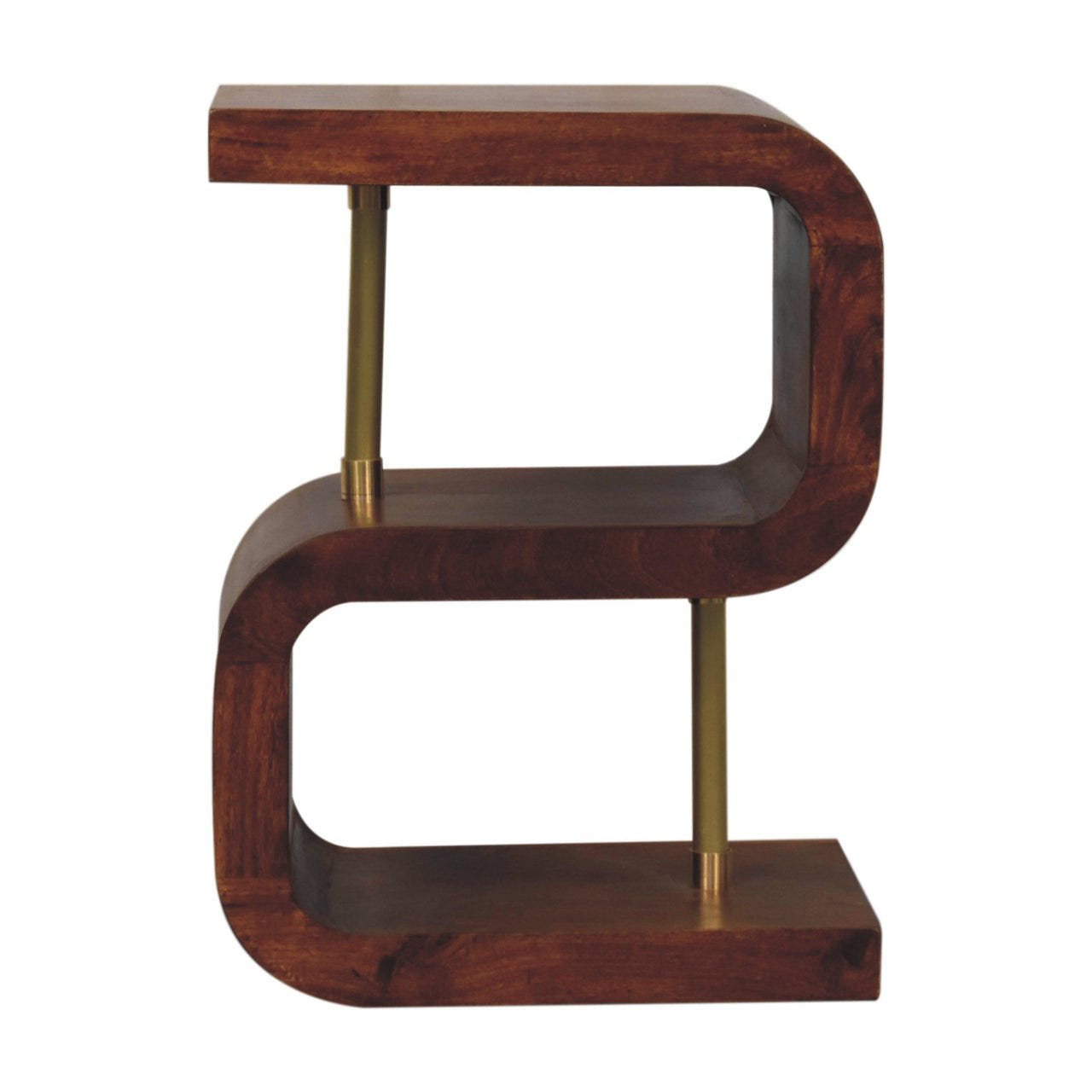 S-curve Brass Bedside Table | Chestnut Solid Mango Wood