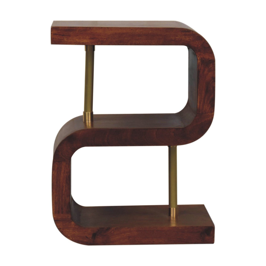 S-curve Brass Bedside Table | Chestnut Solid Mango Wood