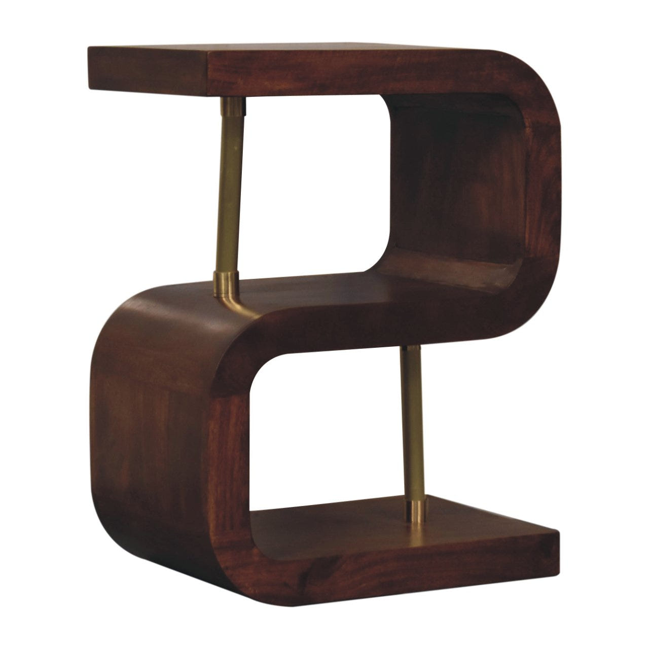 S-curve Brass Bedside Table | Chestnut Solid Mango Wood