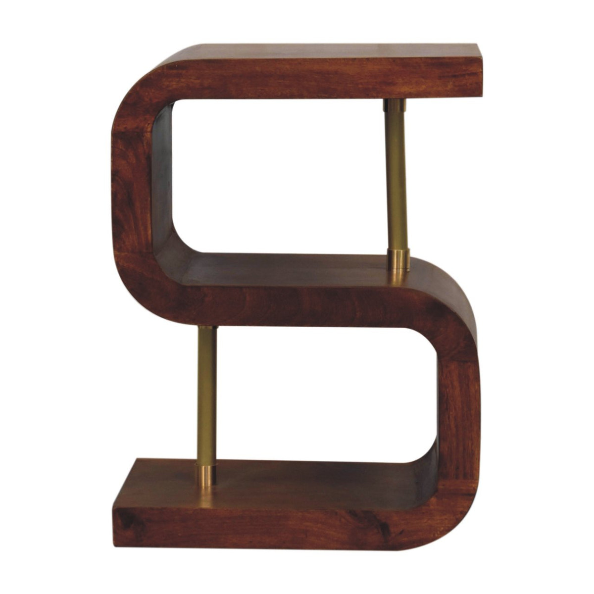 S-curve Brass Bedside Table | Chestnut Solid Mango Wood