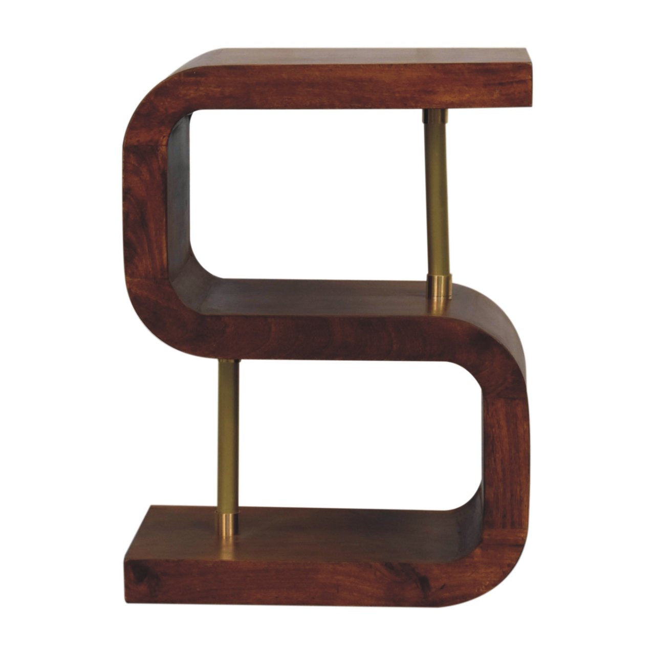S-curve Brass Bedside Table | Chestnut Solid Mango Wood