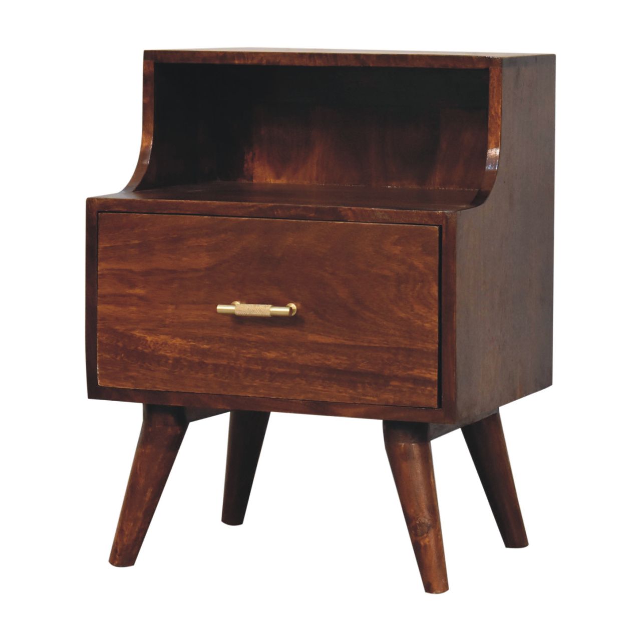 T-bar Raised Back Bedside Table | Chestnut Solid Mango Wood