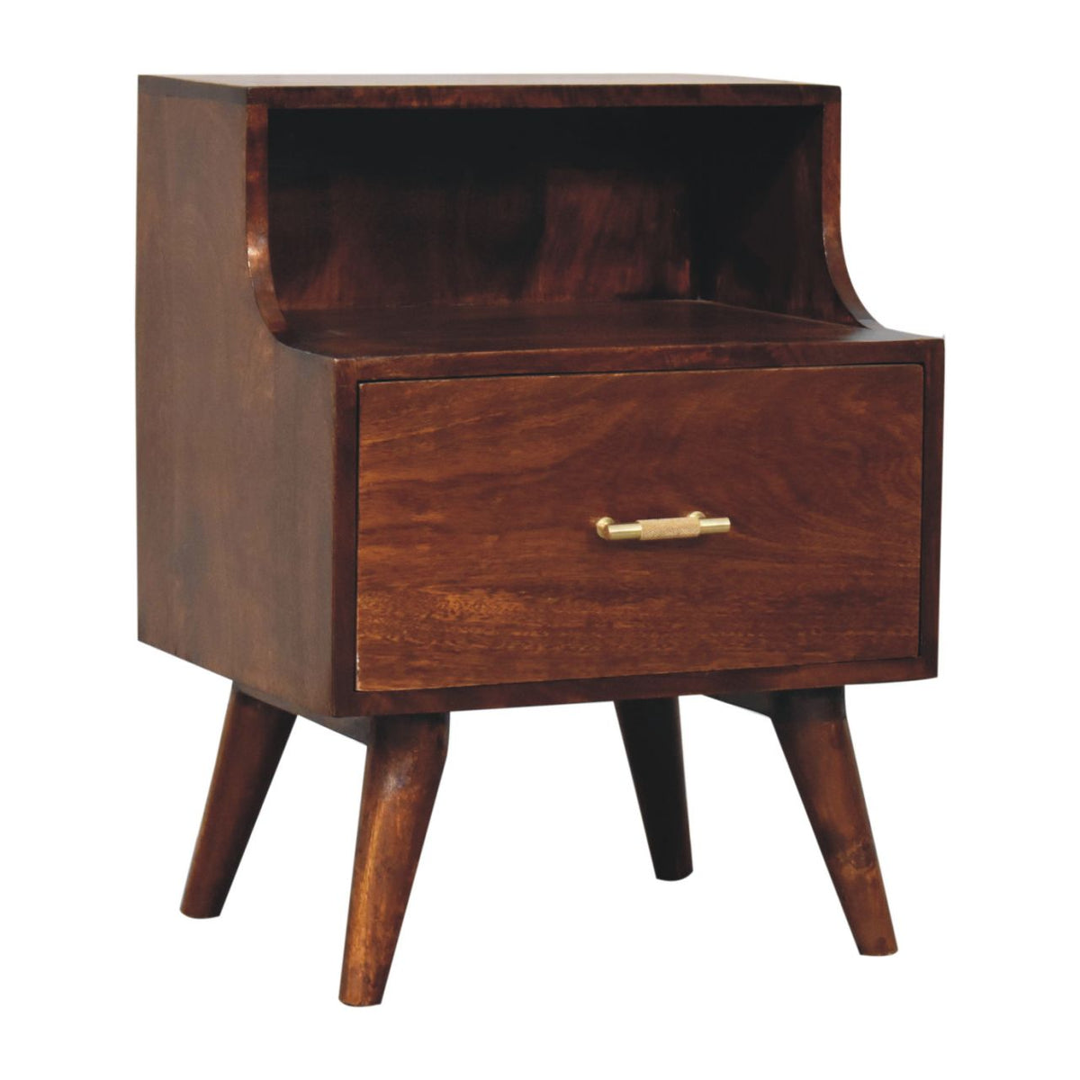 T-bar Raised Back Bedside Table | Chestnut Solid Mango Wood