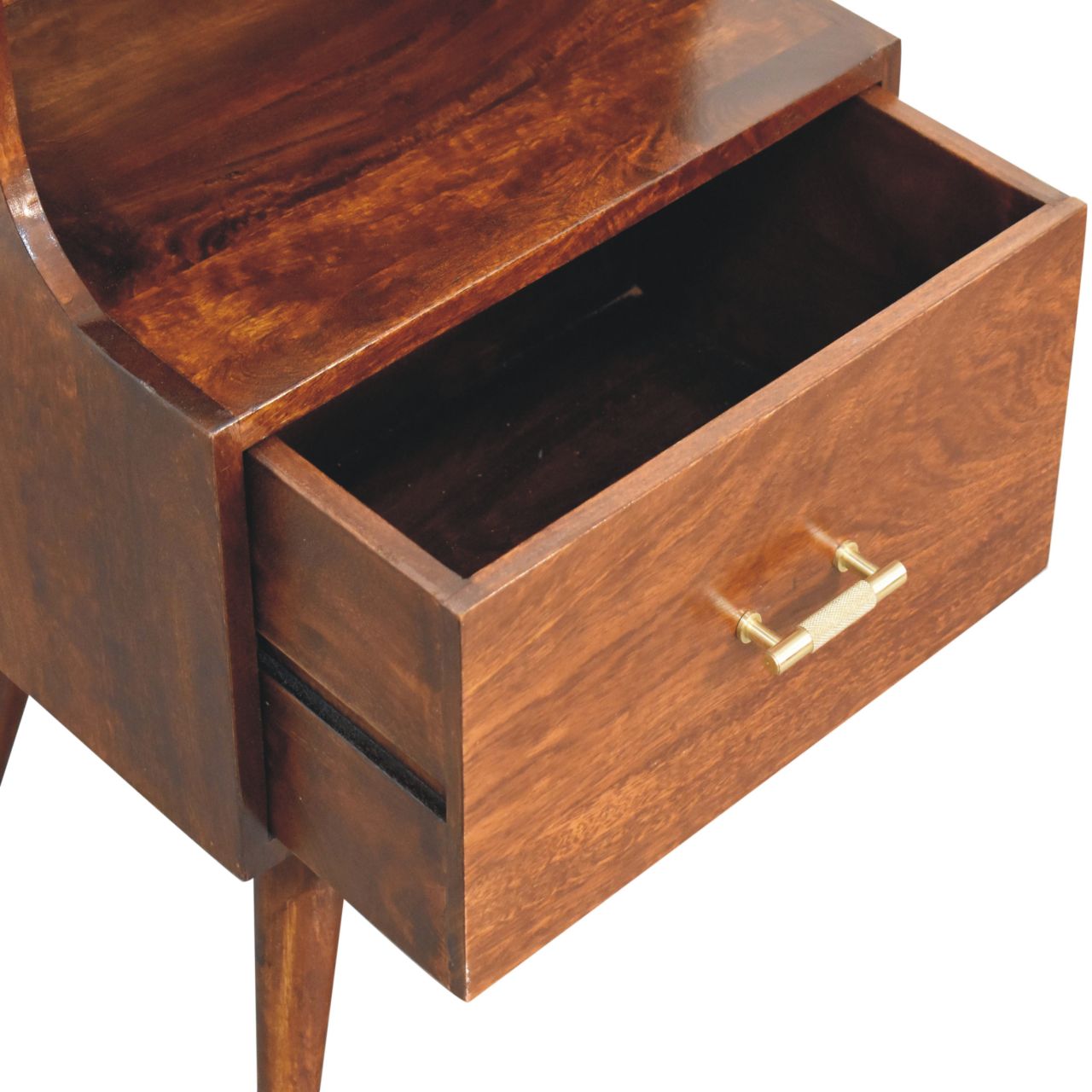 T-bar Raised Back Bedside Table | Chestnut Solid Mango Wood