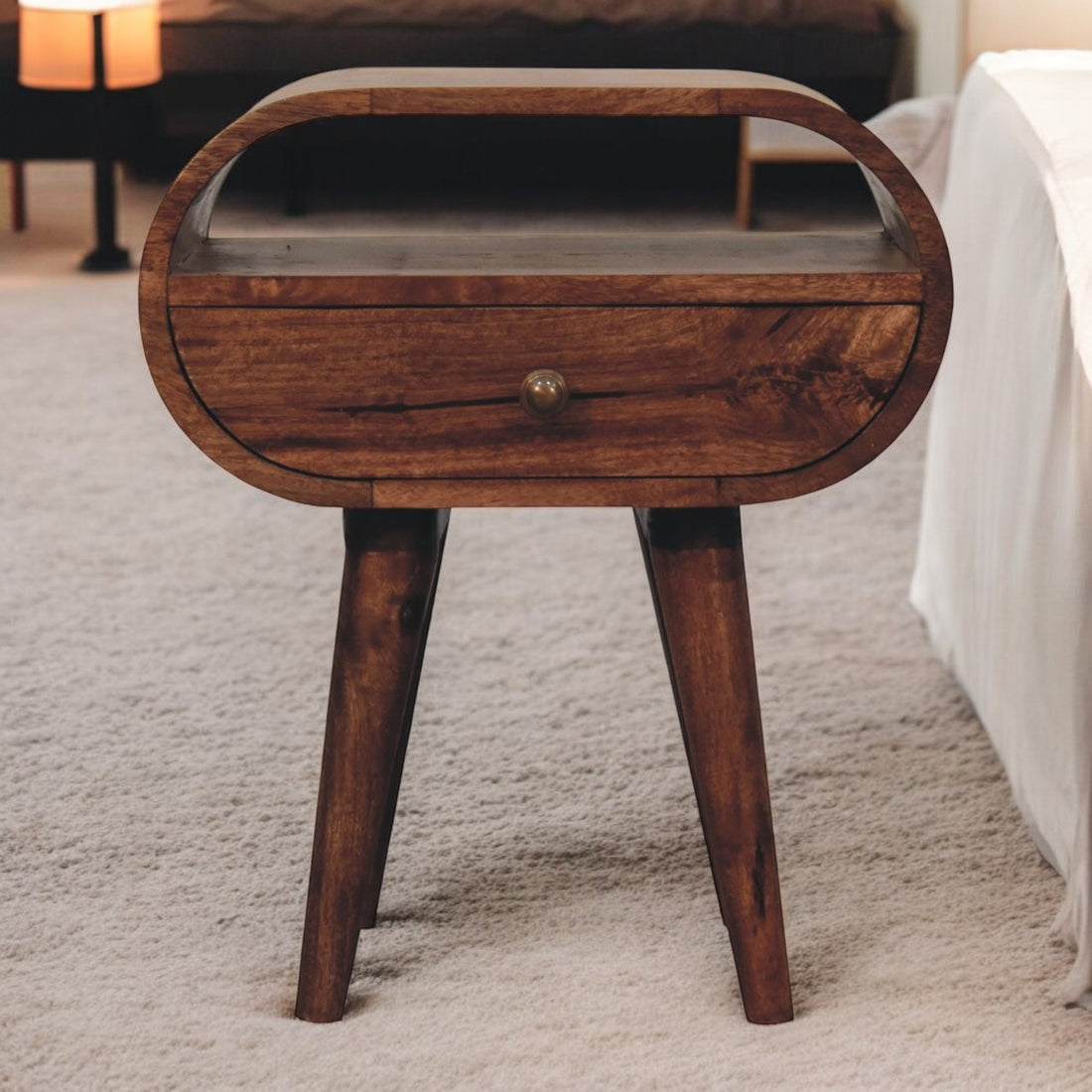 Honey Caramel Circular Bedside with Open Slot Bedside Table