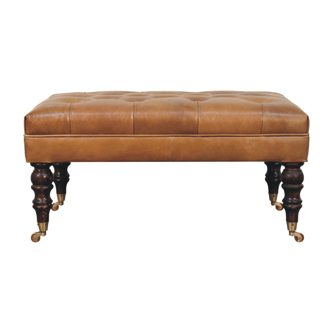 California Walnut Buffalo Brown Leather Ottoman with Castor Legs Storage Bench