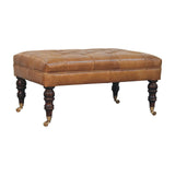California Walnut Buffalo Brown Leather Ottoman with Castor Legs Storage Bench