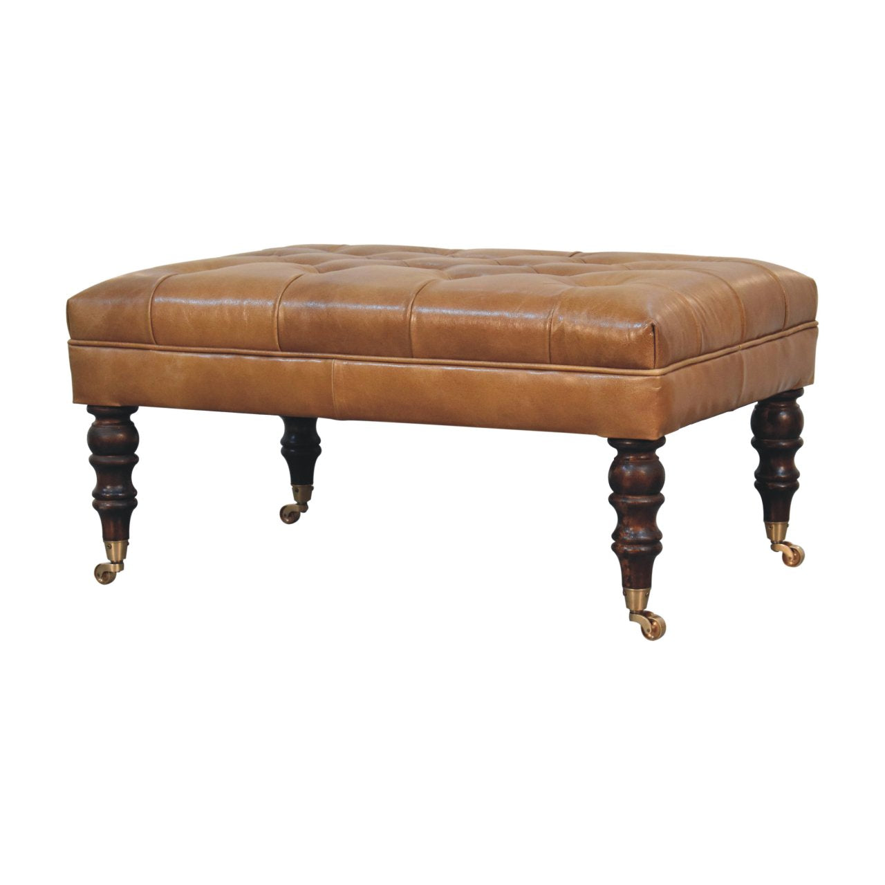 California Walnut Buffalo Brown Leather Ottoman with Castor Legs Storage Bench