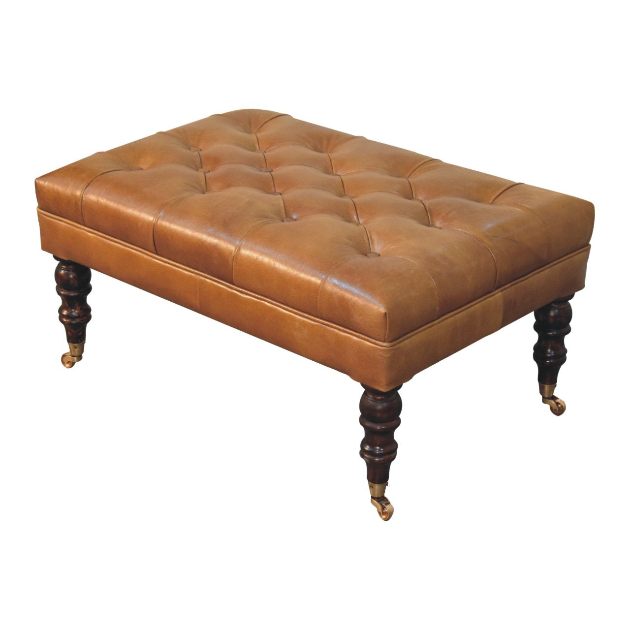 California Walnut Buffalo Brown Leather Ottoman with Castor Legs Storage Bench
