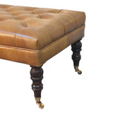 California Walnut Buffalo Brown Leather Ottoman with Castor Legs Storage Bench