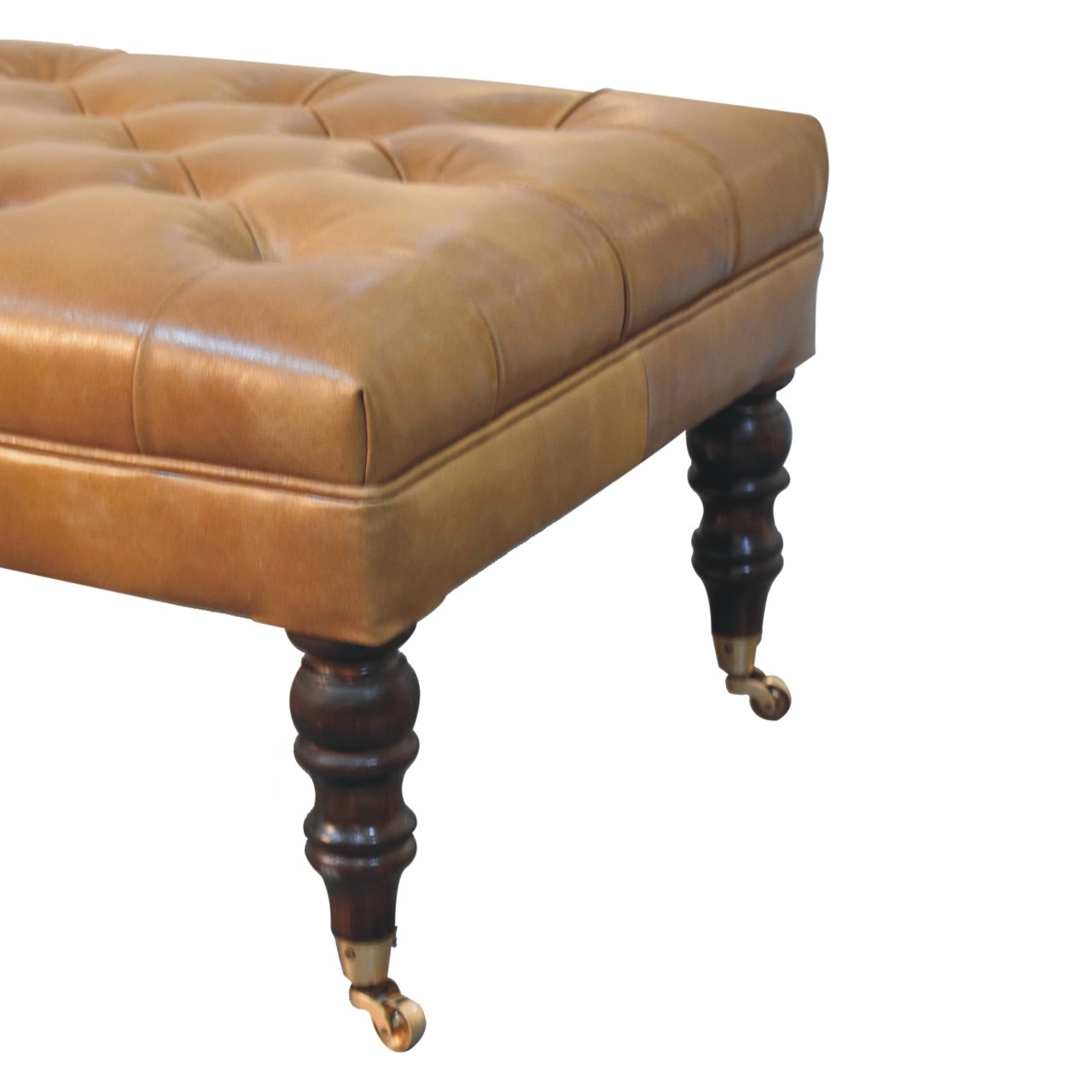 California Walnut Buffalo Brown Leather Ottoman with Castor Legs Storage Bench