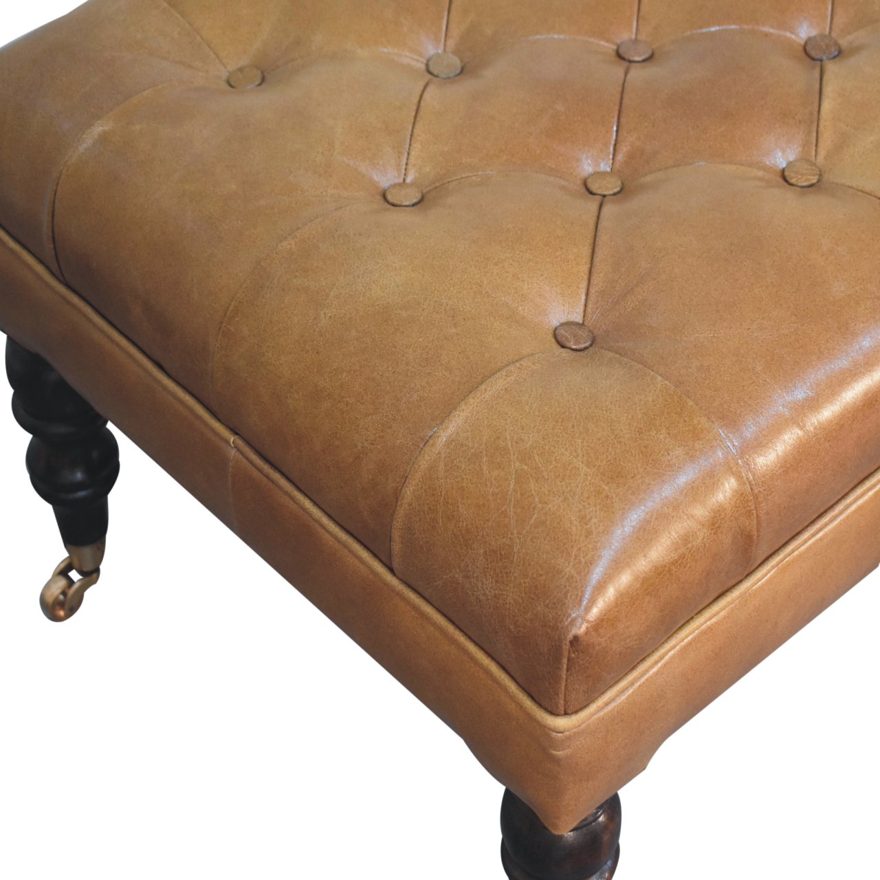 California Walnut Buffalo Brown Leather Ottoman with Castor Legs Storage Bench
