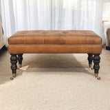 California Walnut Buffalo Brown Leather Ottoman with Castor Legs Storage Bench