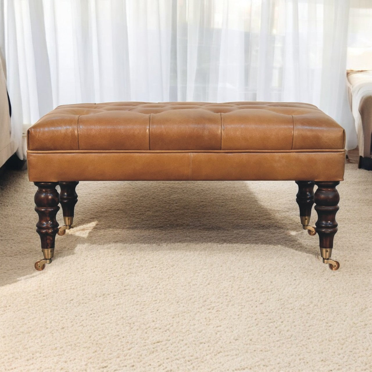 California Walnut Buffalo Brown Leather Ottoman with Castor Legs Storage Bench