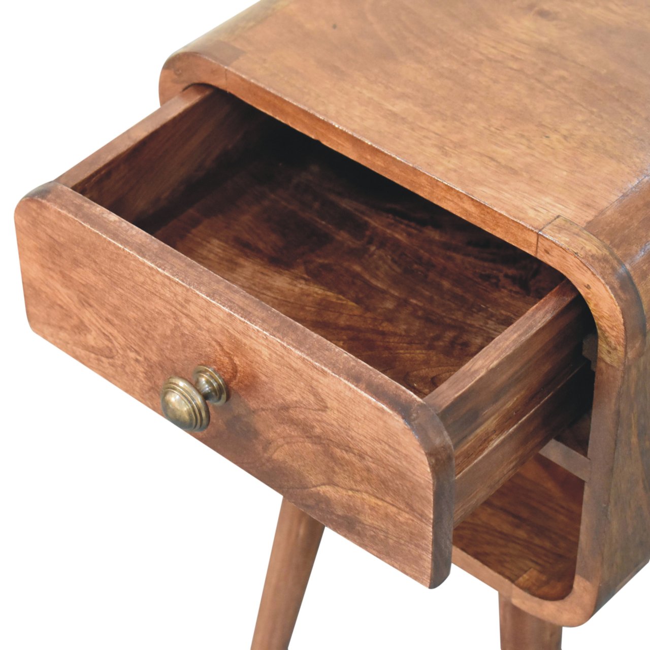 Mini Honey Caramel Curved Bedside with Lower Slot Bedside Table
