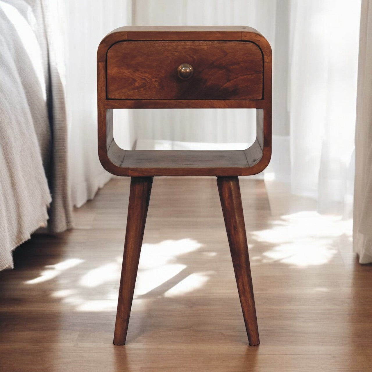 Mini Honey Caramel Curved Bedside with Lower Slot Bedside Table