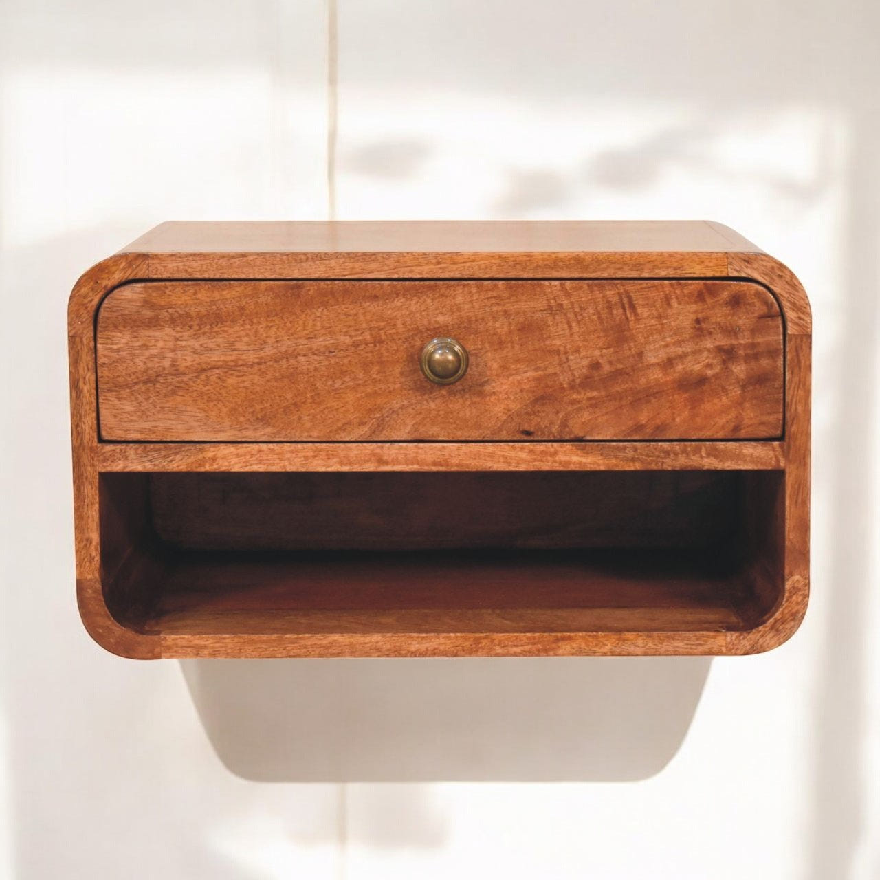 Curved Honey Caramel Wall Mounted Bedside with Open Slot Bedside | Mango Wood