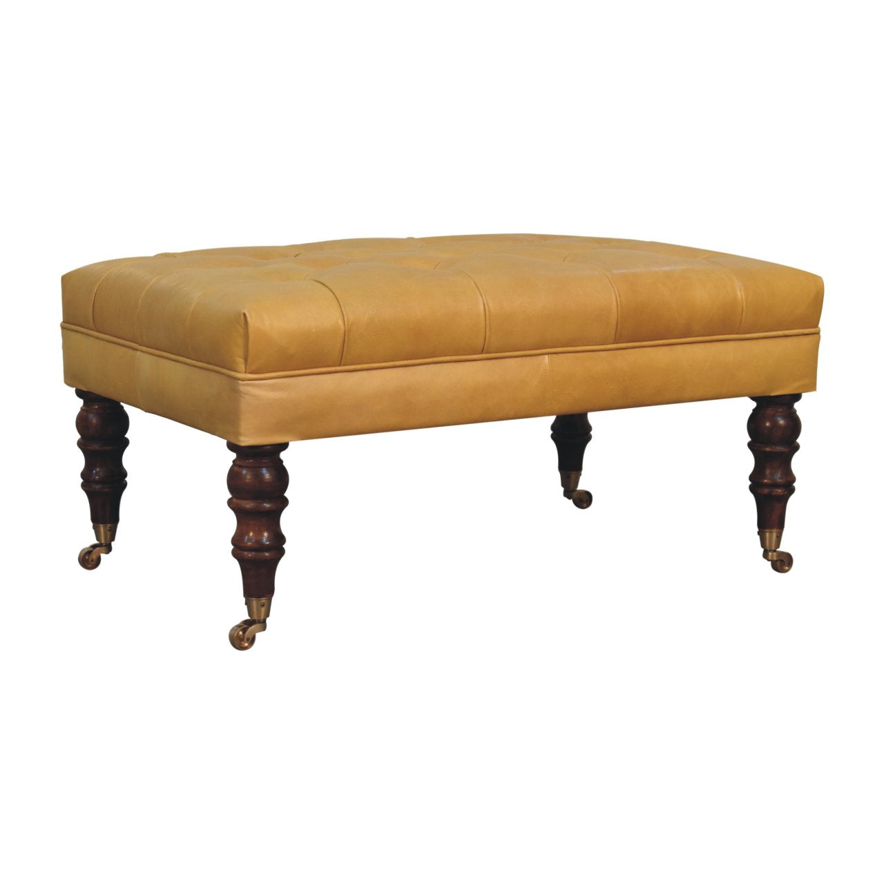 Honey Caramel Buffalo Tan Leather Ottoman with Castor Legs Storage Bench
