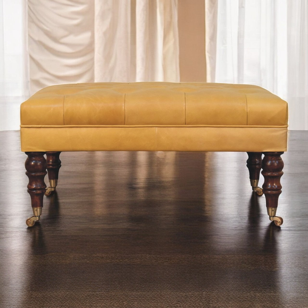 Honey Caramel Buffalo Tan Leather Ottoman with Castor Legs Storage Bench
