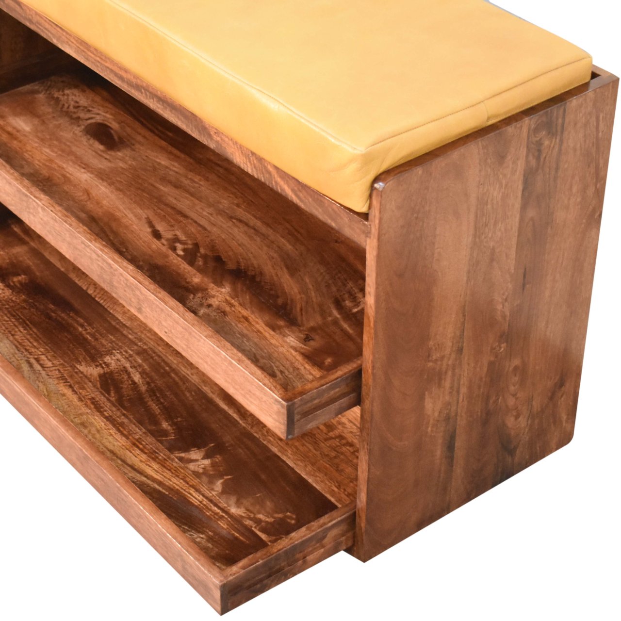 Buffalo Hide Pull out Honey Caramel Shoe Storage Bench | Hidden Storage