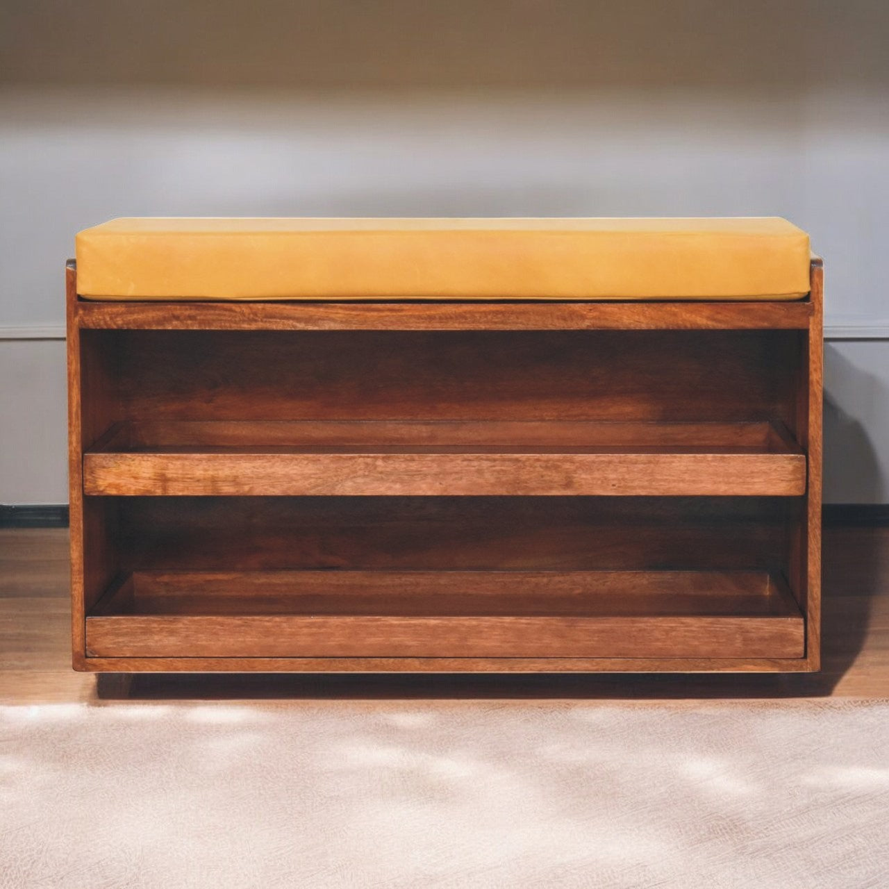 Buffalo Hide Pull out Honey Caramel Shoe Storage Bench | Hidden Storage
